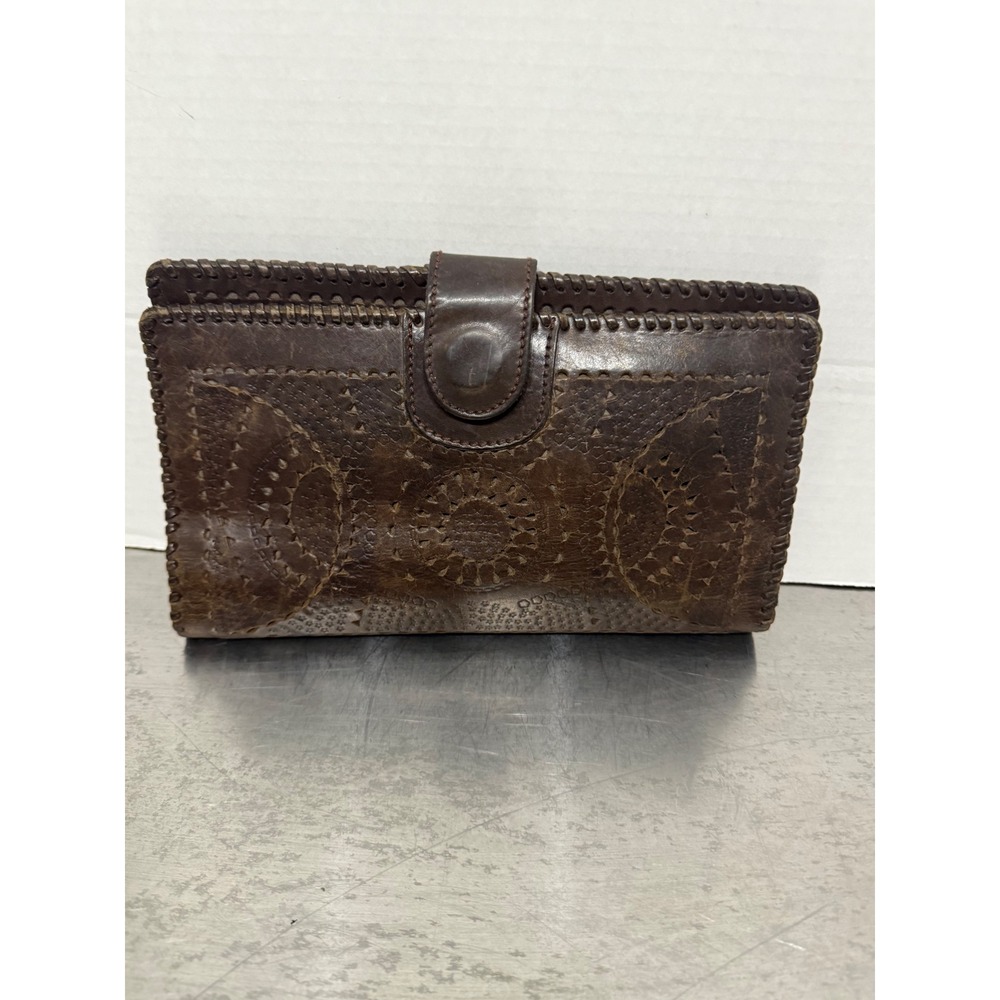 BCBGMAXAZRIA Brown Leather Whipstitch Medallion Tri-Fold Continental Wallet